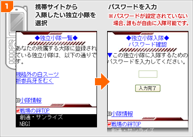 1. 携帯サイトから入隊したい独立小隊を選択