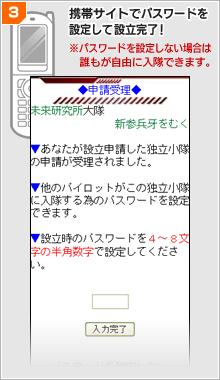 3. 携帯サイトでパスワードを設定して設立完了!