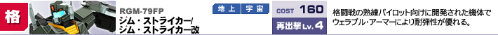RGM-79FP,ジム・ストライカー/ジム・ストライカー改,格闘戦の熟練パイロット向けに開発された機体でウェラブル・アーマーにより耐弾性が優れる。