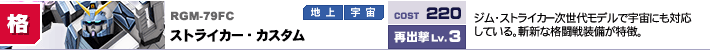 RGM-79FC,ストライカー・カスタム,ジム・ストライカー次世代モデルで宇宙にも対応している。斬新な格闘戦装備が特徴。タックル追撃可能。