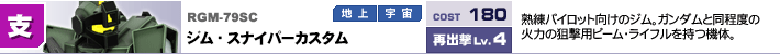 RGM-79SC,ジム・スナイパーカスタム,熟練パイロット向けのジム。ガンダムと同程度の火力の狙撃用ビーム・ライフルを持つ機体。