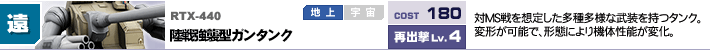 RTX-440,陸戦強襲型ガンタンク,対MS戦を想定した多種多様な武装を持つタンク。変形が可能で、形態により機体性能が変化。