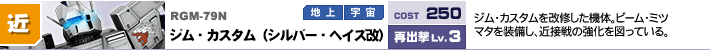 RGM-79N,ジム・カスタム（シルバー・ヘイズ改）,ジム・カスタムを改修した機体。ビーム・ミツマタを装備し、近接戦の強化を図っている。