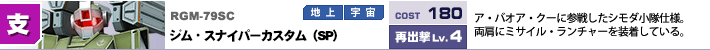 RGM-79SC,ジム・スナイパーカスタム（SP）,ア・バオア・クーに参戦したシモダ小隊仕様。両肩にミサイル・ランチャーを装着している。