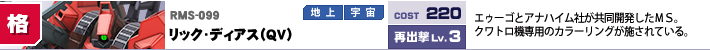 RMS-099,リック・ディアス（ＱＶ）,エゥーゴとアナハイム社が共同開発したＭＳ。クワトロ機専用のカラーリングが施されている。