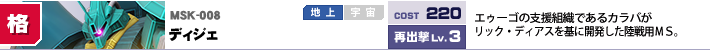 MSK-008,ディジェ,エゥーゴの支援組織であるカラバがリック・ディアスを基に開発した陸戦用ＭＳ。