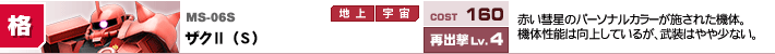MS-06S,ザクⅡ（S）,赤い彗星のパーソナルカラーが施された機体。機体性能は向上しているが、武装はやや少ない。