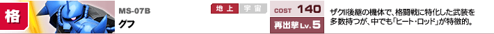 MS-07B,グフ,ザクⅡ後継の機体で、格闘戦に特化した武装を多数持つが、中でも「ヒート・ロッド」が特徴的。