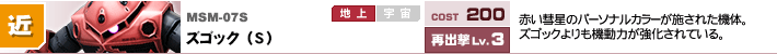 MSM-07S,ズゴック（S）,赤い彗星のパーソナルカラーが施された機体。ズゴックよりも機動力が強化されている。