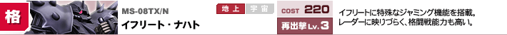 MS-08TX/N,イフリート・ナハト,イフリートに特殊なジャミング機能を搭載。レーダーに映りづらく、格闘戦能力も高い。