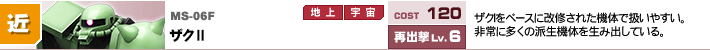 MS-06F,ザクⅡ,ザクⅠをベースに改修された機体で扱いやすい。非常に多くの派生機体を生み出している。