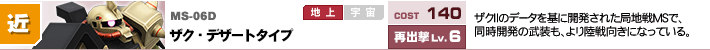 MS-06D,ザク・デザートタイプ,ザクⅡのデータを基に開発された局地戦MSで、同時開発の武装も、より陸戦向きになっている。