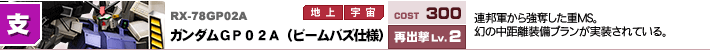 RX-78GP02A,ガンダムGP02A（ビームバズ仕様）,連邦軍から強奪した重MS。幻の中距離装備プランが実装されている。