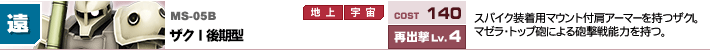 MS-05B,ザクⅠ後期型,スパイク装着用マウント付肩アーマーを持つザクⅠ。マゼラ・トップ砲による砲撃戦能力を持つ。