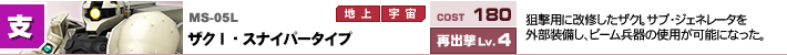 MS-05L,ザクⅠ・スナイパータイプ,狙撃用に改修したザクⅠ。サブ・ジェネレータを外部装備し、ビーム兵器の使用が可能になった。