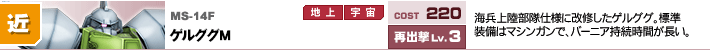 MS-14F,ゲルググM,海兵上陸部隊仕様に改修したゲルググ。標準装備はマシンガンで、バーニア持続時間が長い。