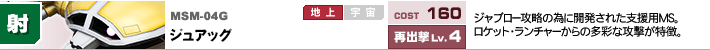 MSM-04G,ジュアッグ,ジャブロー攻略の為に開発された支援用MS。ロケット・ランチャーからの多彩な攻撃が特徴。