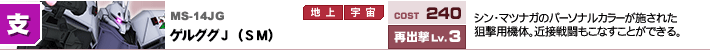 MS-14JG,ゲルググJ（SM）,シン・マツナガのパーソナルカラーが施された狙撃用機体。近接戦闘もこなすことができる。