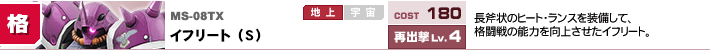 MS-08TX,イフリート（S）,長斧状のヒート・ランスを装備して、格闘戦の能力を向上させたイフリート。