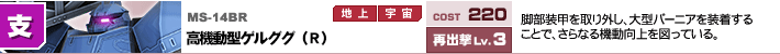 MS-14BR,高機動型ゲルググ（R）,脚部装甲を取り外し、大型バーニアを装着することで、さらなる機動向上を図っている。
