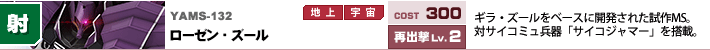 YAMS-132,ローゼン・ズール,ギラ・ズールをベースに開発された試作型MS。対サイコミュ兵器「サイコ・ジャマー」を搭載。