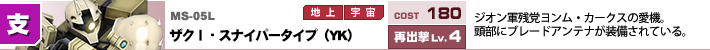 MS-05L,ザクⅠ・スナイパータイプ（YK）,ジオン残党軍ヨンム・カークスの愛機。頭部にブレードアンテナが装備されている。