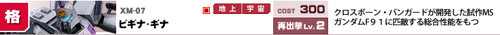 XM-07,ビギナ・ギナ,クロスボーン・バンガードが開発した試作MS。ガンダムF９１に匹敵する総合性能をもつ。